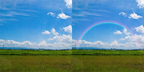 フォトショップで写真に虹をかける作例　グラデーションツールで空に虹をかける